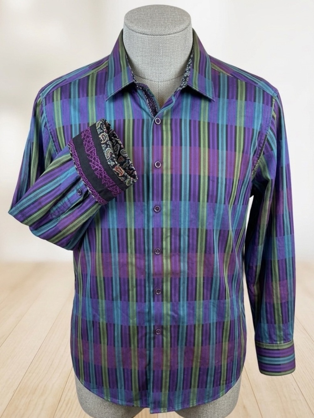 Robert Graham Shirt Men’s 2XL Multicolor Glitch Striped Paisley Flip Cuff XXL